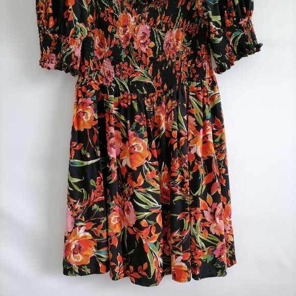 MSK Womens Black Floral Print Smocked Romantic Bodice Fit & Flare Dress Size L - Picture 3 of 6